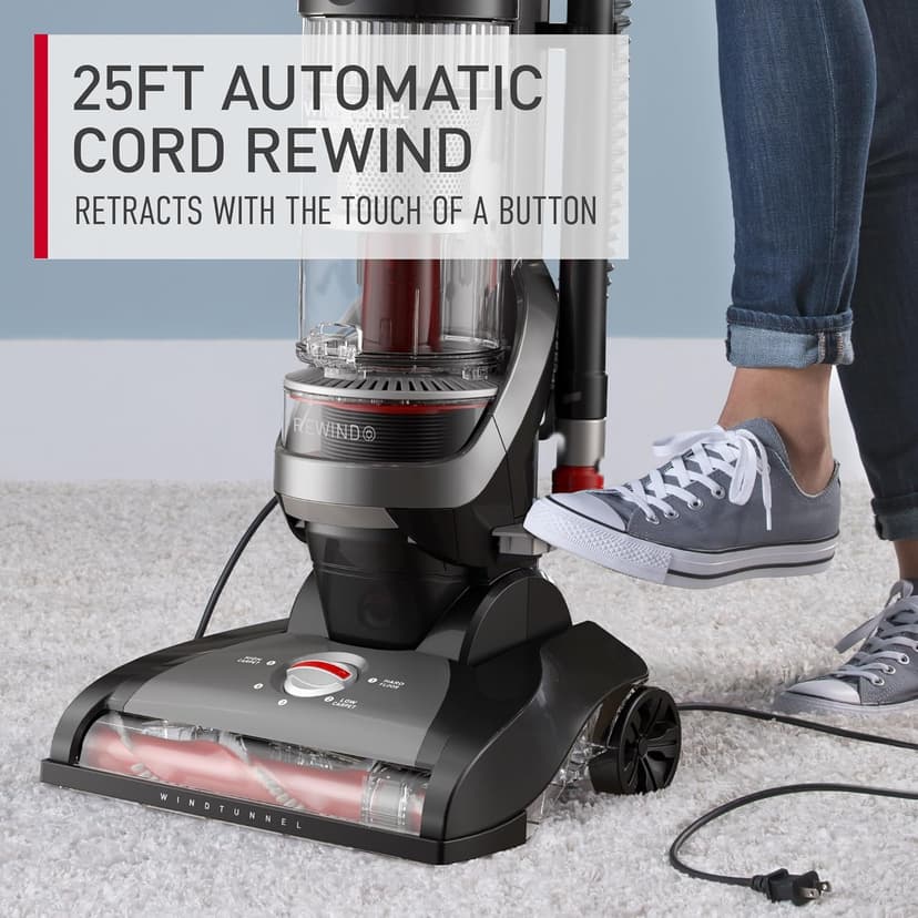 Hoover WindTunnel Cord Rewind Pro Bagless Vacuum Cleaner, Corded Upright Vacuum Cleaner for Carpet and Hard Floor, Automatic Cord Rewind, Corded Vacuum Cleaners for Home Use
