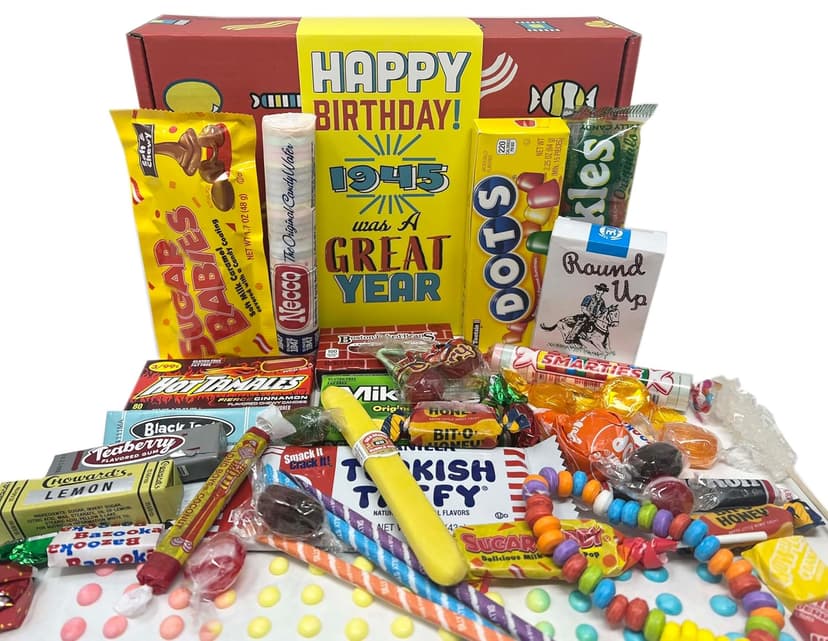 RETRO CANDY YUM ~ 80th Birthday Nostalgic Candy Gift Basket Box Assortment from Childhood Memories for Woman or Man Born 1945 jr