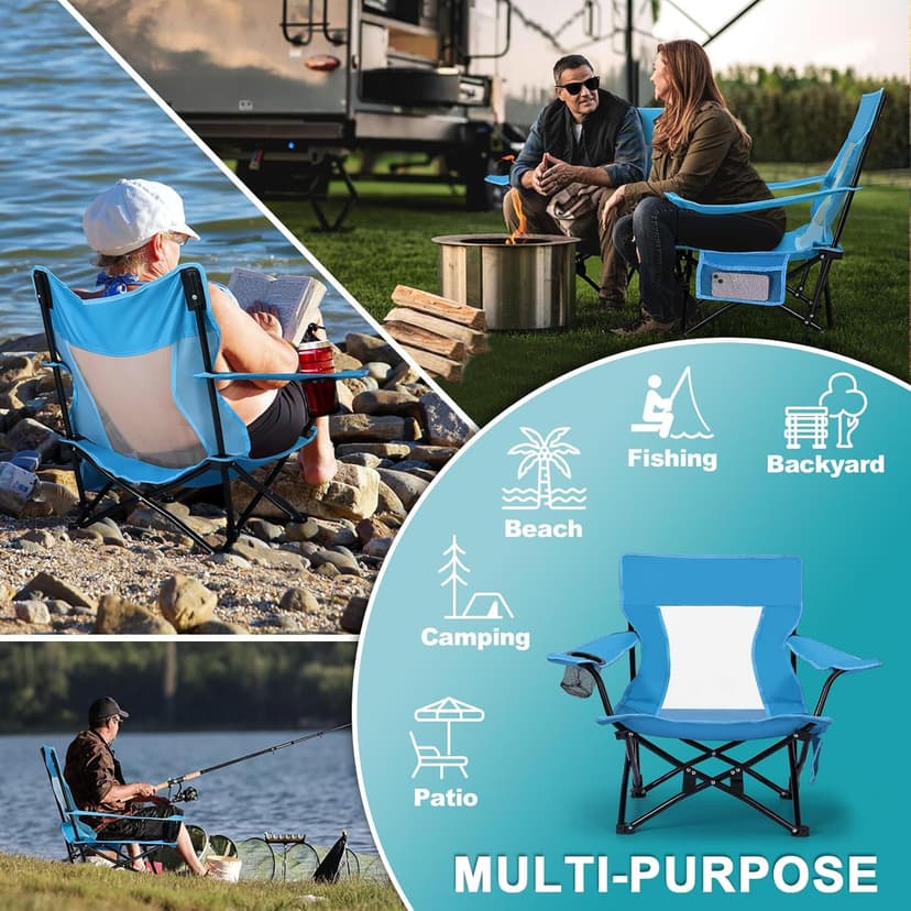 Joyfair Beach Camping Chair (2 Pack), Outdoor Folding Lawn Chair for Adult, Heavy Duty Portable Chair with Armrest for Outside Fishing, Sport, Cup Holder & Storage Pocket, Carry Bag (Blue, Classic)