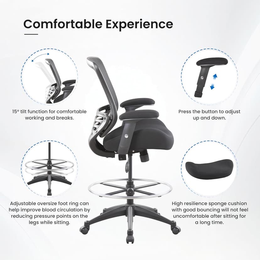 BOLISS 400lbs Mid Back Mesh Ergonomic Drafting Chair for Standing Desk Office Wide Chair Built-in Lumbar Support Big Adjustable Foot Ring Height Adjustable Armrest (Black)