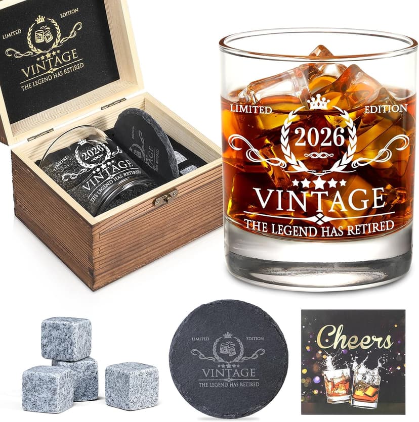 Retirement Gifts for Men Whiskey Glass Set - The Legend Has Retired 2025 - Retirement Party Decorations, Supplies - Gifts Ideas for Him, Dad, Husband, Friends - Wood Box & Whiskey Stones & Coaster
