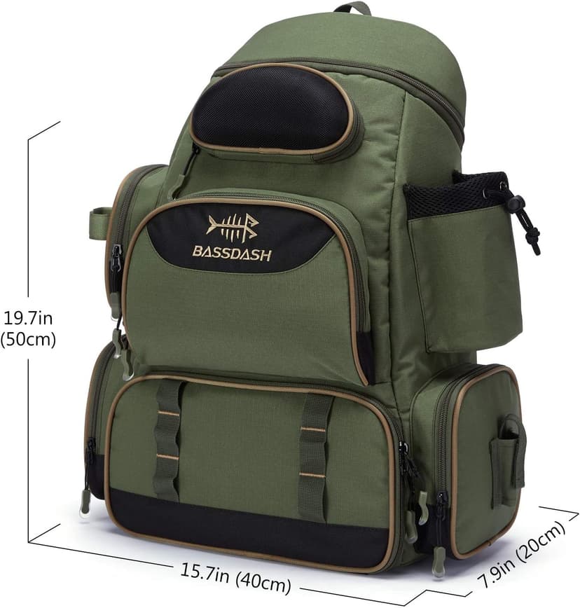 BASSDASH Fishing Tackle Backpack Water Resistant Tactical Bag Soft Tackle Box with Rod Holder and Protective Rain Cover