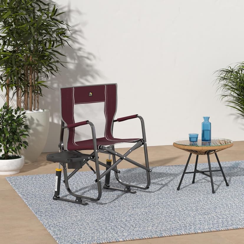 GCI OUTDOOR Freestyle Rocker XL with Side Table Camping Chair | Portable Folding Rocking Chair with Solid, Durable Armrests, Drink Holder & Comfortable Backrest — Red