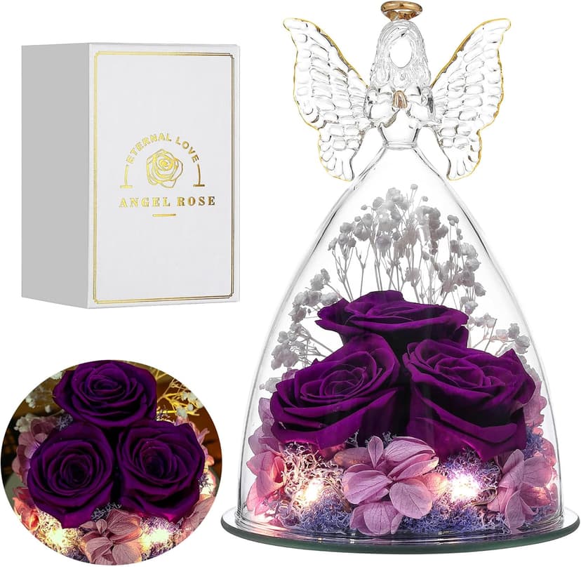 Christmas Rose Gifts for Women Preserved Real Flower in Glass Angel Figurines Roses for Delivery Prime Birthday Gifts for Mom Grandma Girlfriend Wife Her - Purple