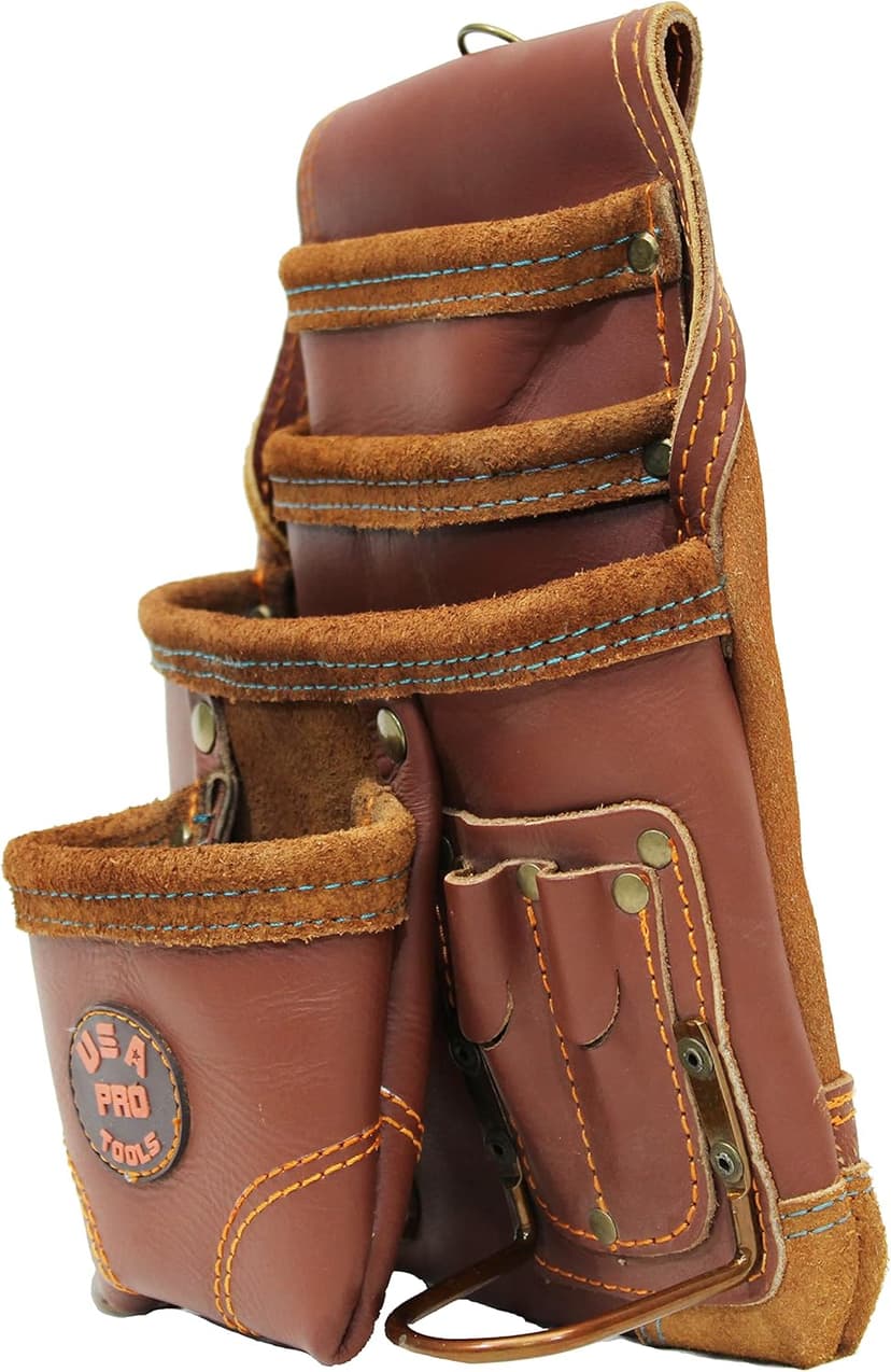 USA Pro Tools Leather Tool Pouch for Carpenter | Best for Electricians, Plumbers, Handyman and Framers | 10 Pockets with 2 Stainless Steel Hammer Holders