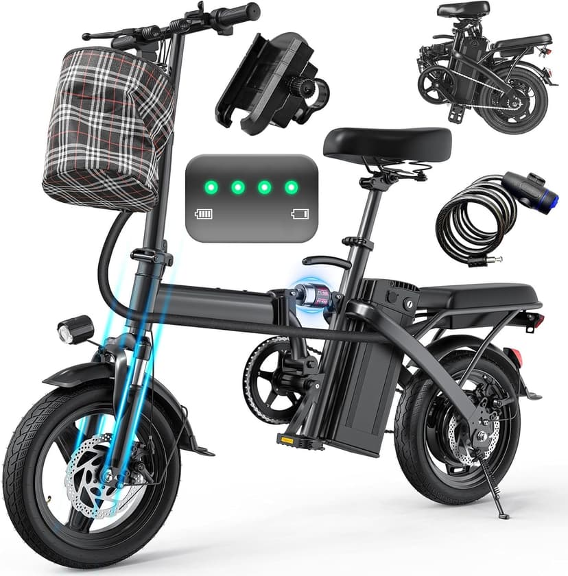 Electric Bike for Adults and Teens, 560W Motor 24MPH Compact Commuter Ebike, 32 Miles Range, 48V 10Ah Battery, 3 Shock Absorbers, 14" Mini Foldable Electric Bicycles with Basket, UL 2849 Certified