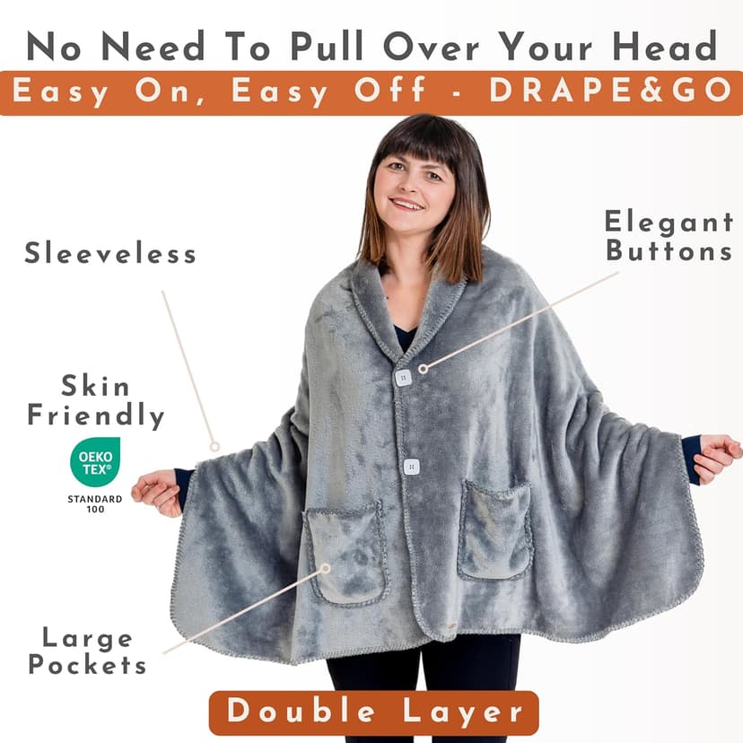 Premium Double Layer Poncho Blanket -No Sleeves Easy On Easy Off- Drape and Go Shawl Gift for Women Who Have Everything - Gifts for Grandma and Mom (Silver Grey)