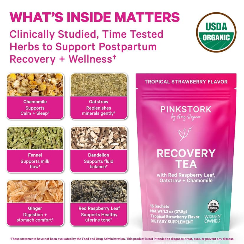Pink Stork Postpartum Recovery Herbal Tea, Organic Red Raspberry Leaf with Chamomile, Hormone Balance for Women After Labor and Delivery, Strawberry Passion, Hot or Iced, Caffeine-Free, 15 Sachets