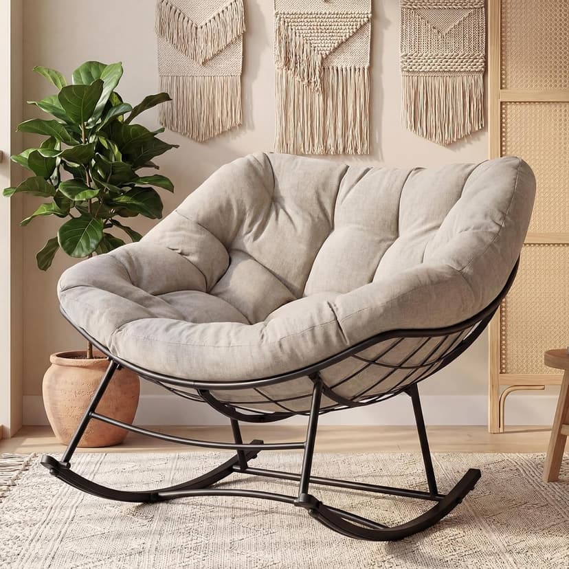 NEWBULIG Outdoor Patio Rocking Chair with 5.5" Thick Cushion, Oversized Egg Lounge Chair, 450 Lbs Heavy Duty, Water-Repellent Fabric, for Garden, Porch, Living Room