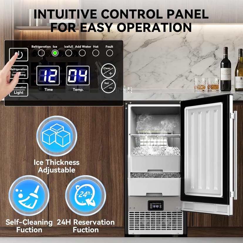 SOZT® Under Counter Ice Maker with Refrigerator Function, 120LBS/24H Commercial Ice Machine, No-Melt Ice Storage, 24H Timer & Self-Cleaning, Built-in/Freestanding for Home Bar Cafe Restaurant