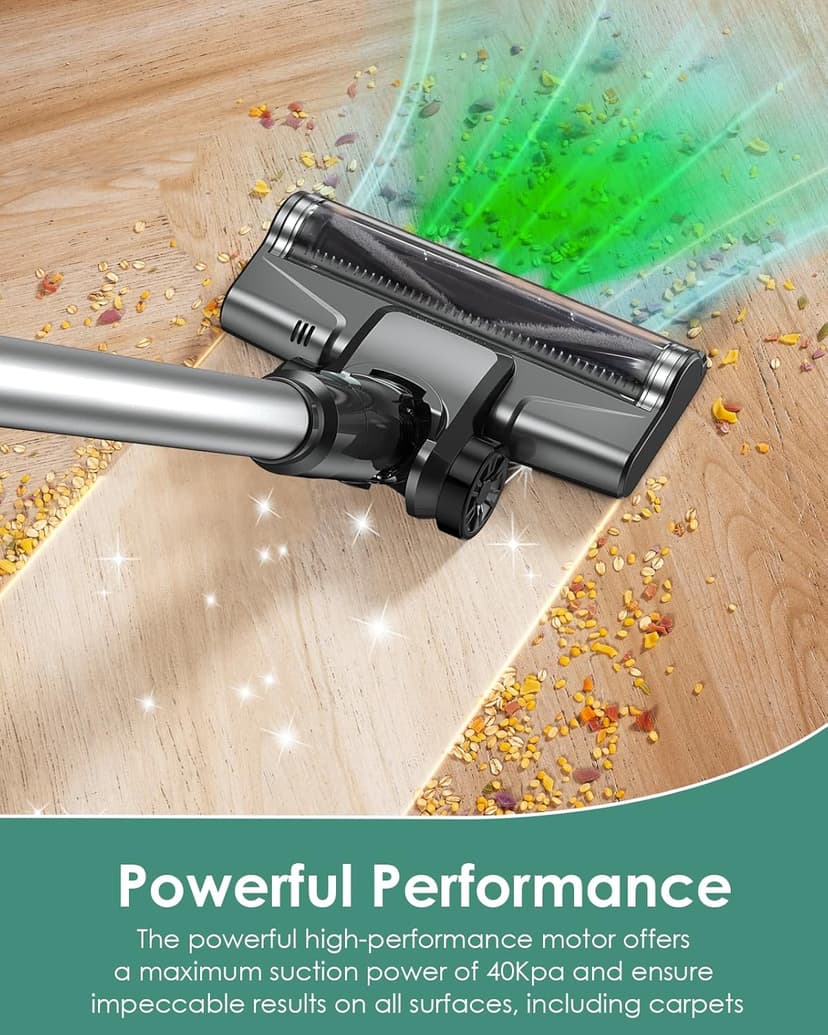 Cordless Vacuum Cleaner, 500W/40KPA Lightweight Stick Vacuum up to 40 mins Runtime, LED Display and Green Headlights, 6-Stages Filtration, Self-Standing Vacuum for Home Hard Floor, Carpet and Pet Hair