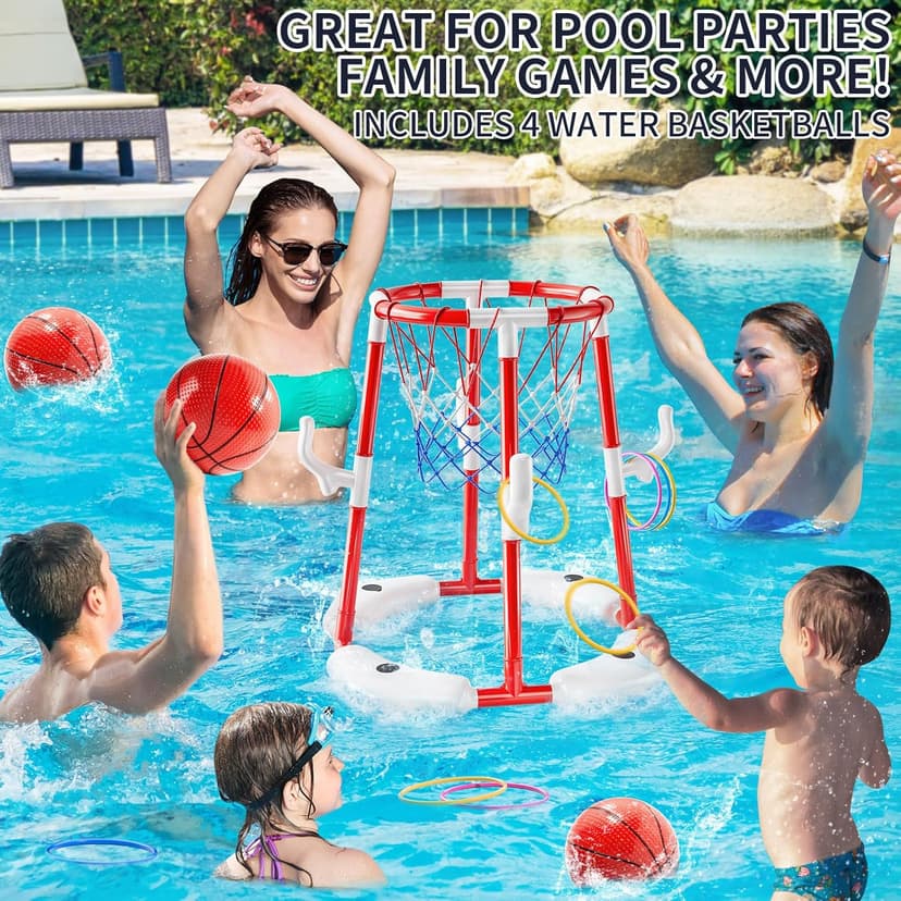 Pool Basketball Hoop, 2-in-1 Floating Pool Toys Ring Game with 4 Balls and Pump, Outdoor Swimming Pool Basketball Games Water Play Toy Family Party for Kids Adults Age 3-12 (Red)