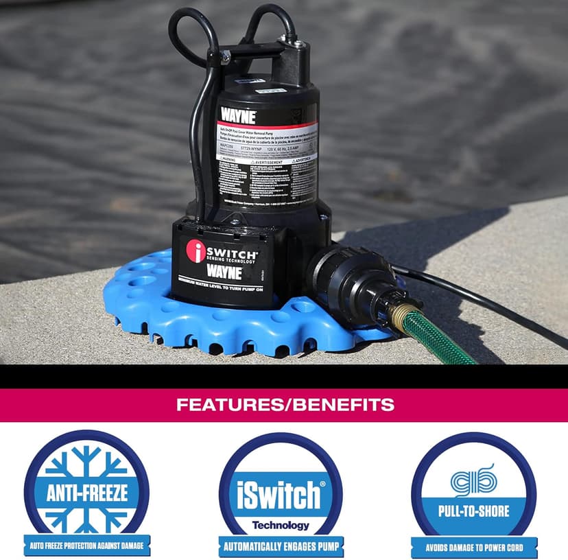 WAYNE WAPC250-1/4 HP Reinforced Thermoplastic Pool Cover Pump - Up to 3,000 Gallons Per Hour - Automatic On/Off Water Removal Pool Cover Pump