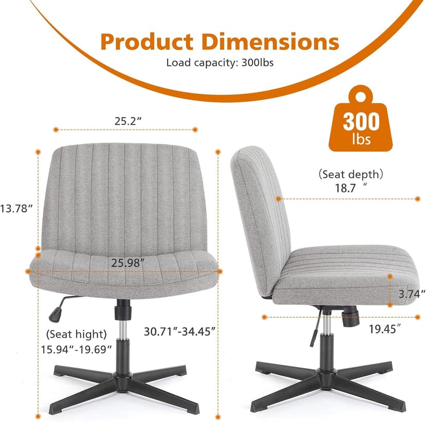 Sweetcrispy Criss Cross Chair Legged, Armless Office Swivel Desk Chairs No Wheels, Vanity Height Adjustable Wide Seat Comfy Cute Computer Task Seating for Home Bedroom, Grey