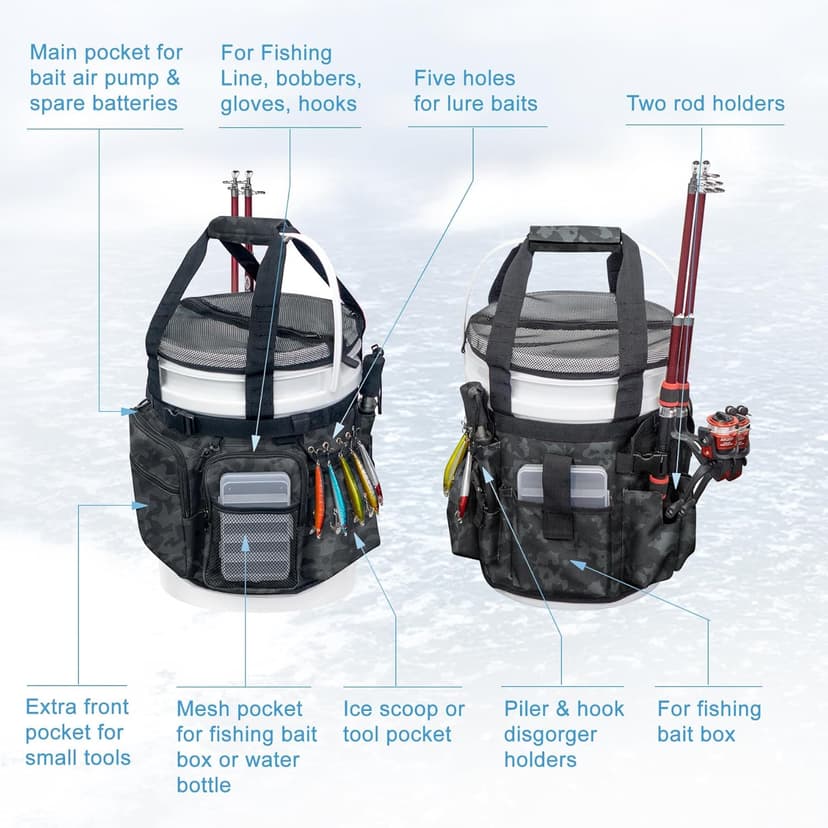 WTVIDAS Fishing Bucket Organizer with Bucket Cover, Ice Fishing Tackle Bag with Rod & Plier Holder, Multi-Pockets for 5 Gallon Bucket Fishing Gear & Accessories