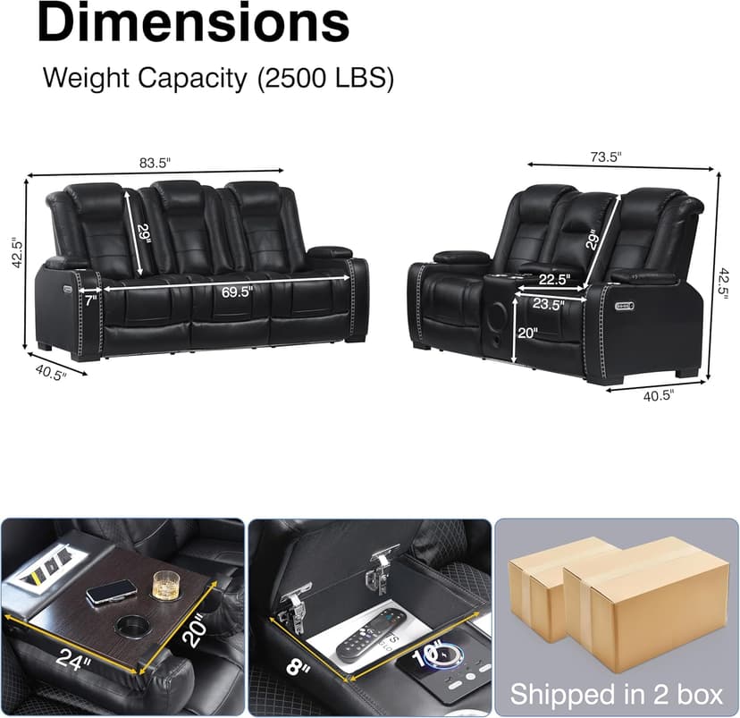THSUPER Black Leather Power Recliner Sofa Loveseat Sets with Arm Storage and Power Headrest, Leather Living Room Reclining Sofa and Loveseat Set with Cup Holders and Bluetooth Speaker. | Breathable material, LED ambient light, Reading light, Hidden outlet, USB and Type-C port