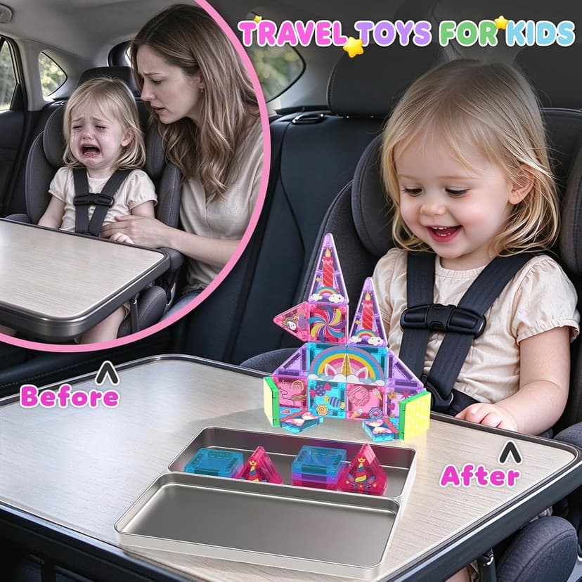 Travel Magnetic Blocks for Kids Toddlers Ages 3-5, 4-8 STEM Preschool Learning Sensory Montessori Magent Toys for Girls Gift Mini Magnetic Tiles Travel Set Unicorn Magnet Building Toys for Girls Gift B0HCZ6Y3M7