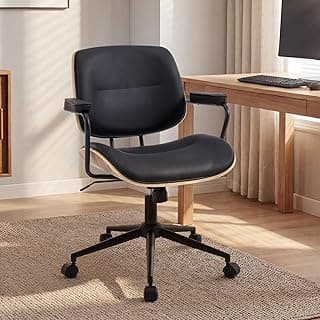 BV BONNE VIE Mid Century Walnut Office Chair with Arms, Adjustable Swivel Desk Chair, Leather Computer Chair with Rolling Wheels for Home Office or Study Room, Black