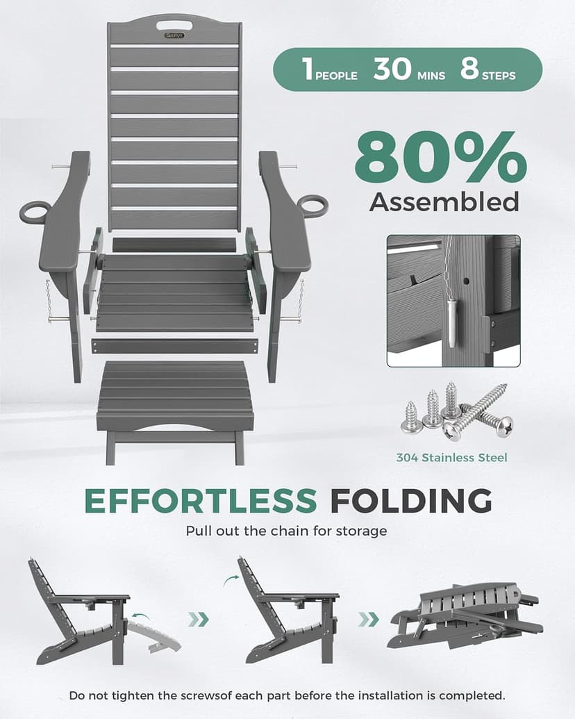Folding Adirondack Chair with Retractable Ottoman, Weather Resistant Fire Pit Chair Patio Chair with 2 Cup Holder Lawn Outdoor Lounge Chair (Grey)