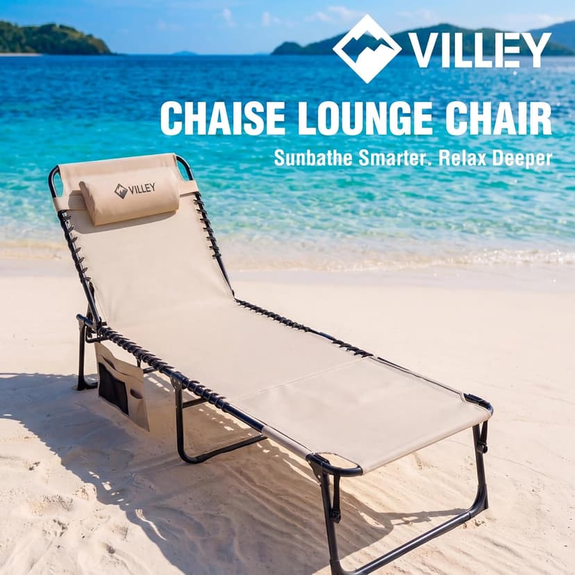 VILLEY Oversized Chaise Lounge Chair with Face Hole, Adjustable Reclining Beach Chair, Portable Tanning Chair, Outdoor Folding Sunbathing Chair for Patio Lawn Beach Pool