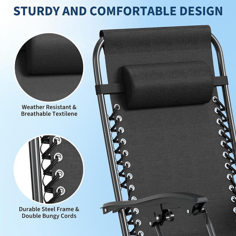 Garvee Zero Gravity Chair Set of 2, Patio Lounge Chair Outdoor with Pillow & Cup Holder Tray, Adjustable Reclining Chair, Folding Portable Camping Chair for Deck, Beach, Yard, Garden - Black