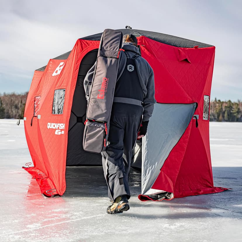 Eskimo QuickFish™ 6HD, Pop-Up Portable Shelter, No-Trip Door, Red/Black, Fully Insulated, Deluxe Ice Anchors, Six Person, Ice Fishing Shelter, 46076
