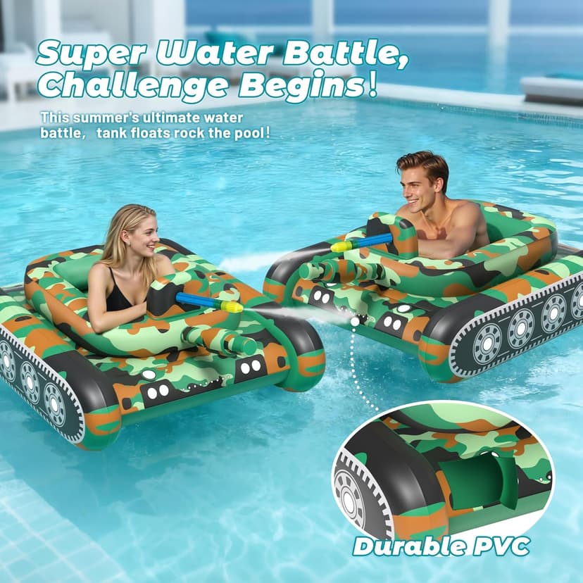 JOSEN Inflatable Tank Pool Float, Swimming Pool Floaties Tank with Water Cannon Gun, Swim Raft Water Battle Fun for Lake, Pool Party, Beach & Backyard for Adults-Green