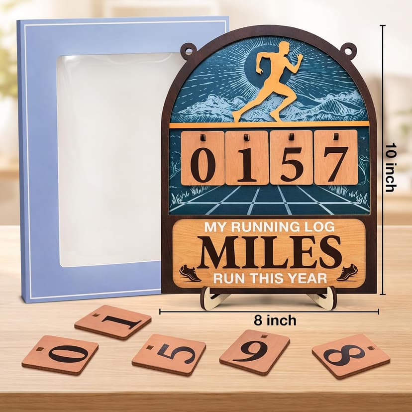 Wooden Yearly Running Log Counter Home Decor, Marathon Runner Gifts Miles Run This Year Tracker Sign Running Gifts for Runners Men Women B0GKP9JPVN