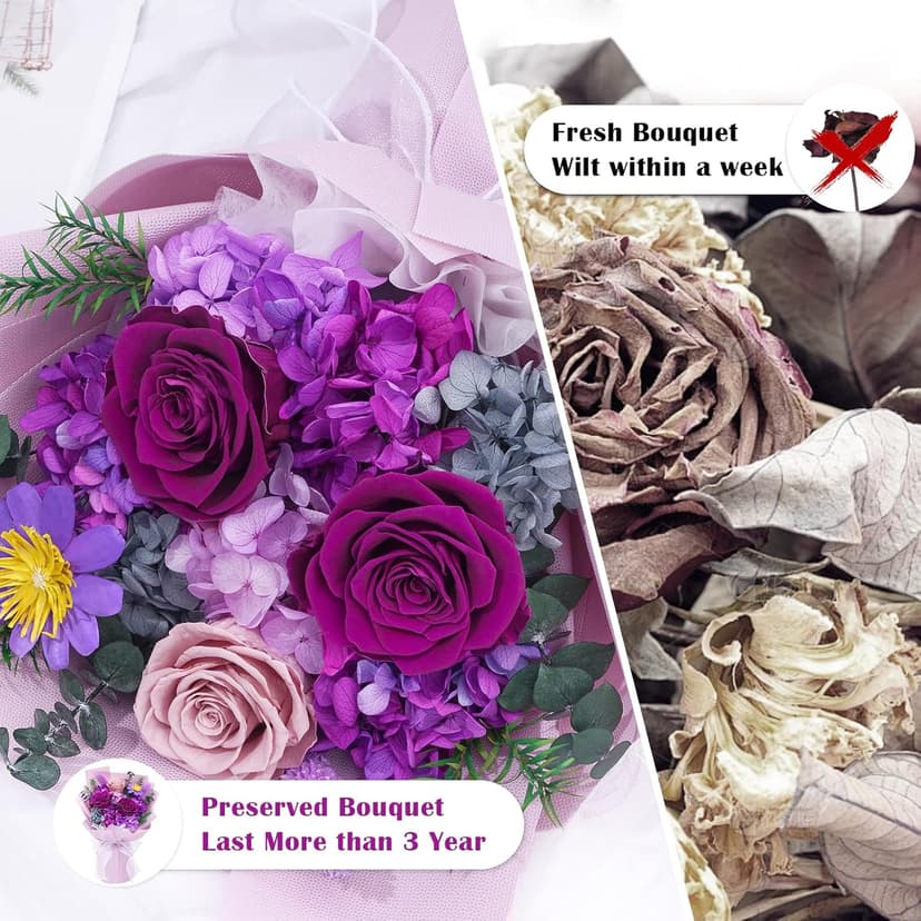 Waipfaru Preserved Flowers, Purple Fresh Bouquet with Gift Box, Flowers for Delivery, That Last 1-3 Years, Forever Flowers for Women Birthday Gift, Anniversary, Teacher, Mother Day