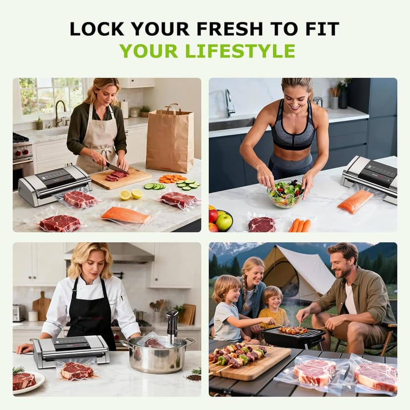 Bonsenkitchen Vacuum Sealer for Food, Easy-Lock Handle Vacuum Sealer Machine with Bag Clip, Built-in Cutter and Bag Storage for Sous Vide and Meal Prep, 1 Roll Bag & 10 Pre-Cut Bags, Silver