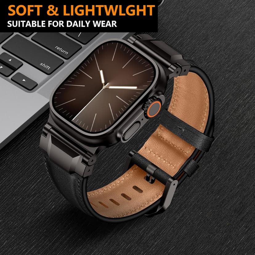 LOIRNBR Leather Bands Compatible with Apple Watch Ultra 3/2/1 Band 49mm 46mm 45mm 44mm 42mm Men, Genuine Leather Metal Connector Strap for iWatch Ultra Series 11/10/9/8/7/SE/6/5/4/3/2/1, Black/Black