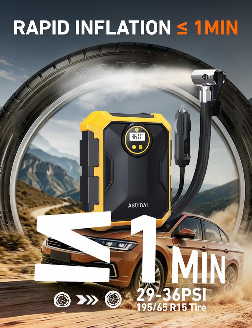 9.8Ft Cord Digital Gauge Auto ShutOff LED Light Fast Inflation Air Pump for Car Tires Bike Ball Motorcycle Inflatables Yellow AstroAI Tire Inflator Portable Air Compressor 12V DC Integrated Storage B097B6X669