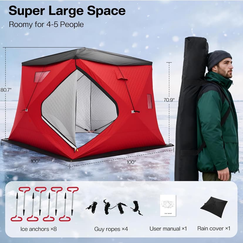 Albott Insulated Pop-Up Ice Fishing Tent, Ice Shanty with Oxford Fabric, Waterproof Rain Cover, Chimney Vent, Anchors, Ropes, Carry Bag, Insulated and Warm Large Fishing Area