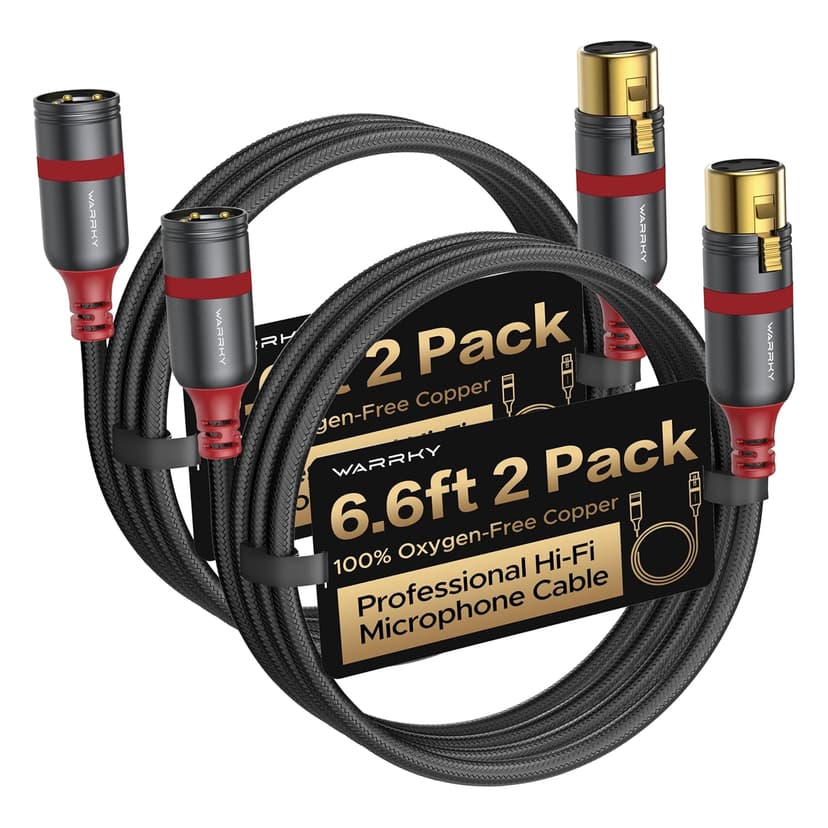 Warrky XLR Cables 6.6ft 2 Pack [Oxygen-Free Copper (OFC), Gold-Plated Connector] Balanced Microphone Cable Male to Female Professional Hi-Fi XLR Cable