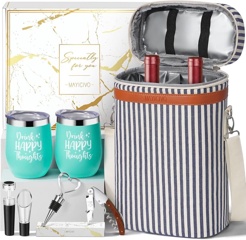 Birthday Christmas Gifts for Women Men - Wine Gift Baskets Christmas Gifts For Mom, Women, Friend, Wine Lovers, Self Care Package, Insulated Wines Tote Bag Carrier w/ Tumblers & Wines Accessories Set
