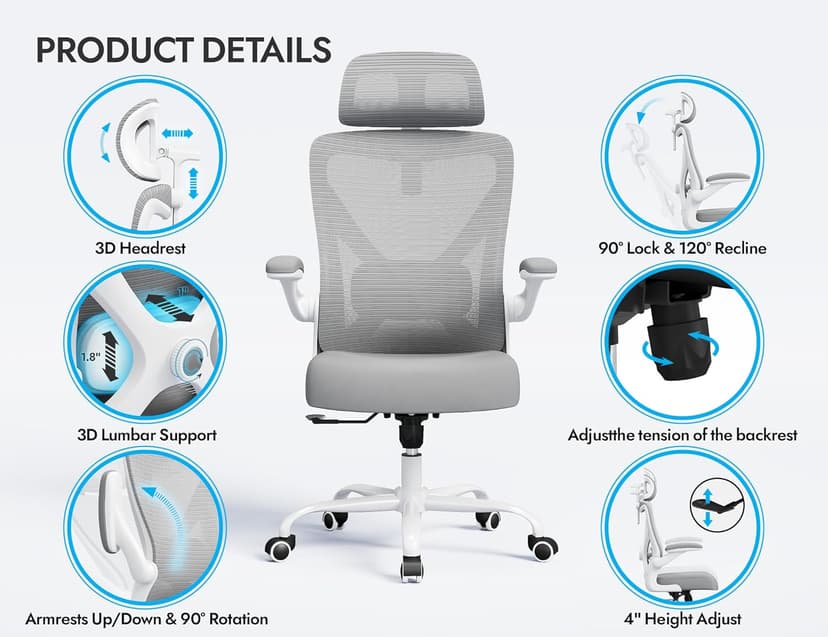 Ergonomic Office Chair: White Computer Desk Chair Comfy Gaming Chair for Adults - Office Chair with Lumbar Support & Headrest - Executive Office Rolling Chairs for Home Work (Grey)