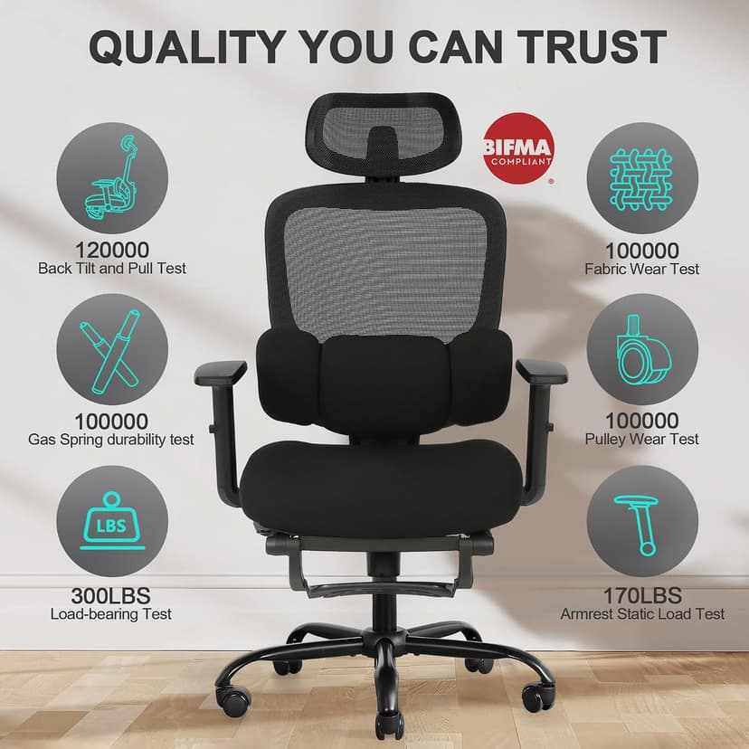 Ergonomic Office Chair with Footrest, Mesh Desk Chair with Adjustable Headrest & Armrests & Dynamic Floating Wing Lumbar Support, High Back Computer Chair for Home Office, BIFMA Certified, Black