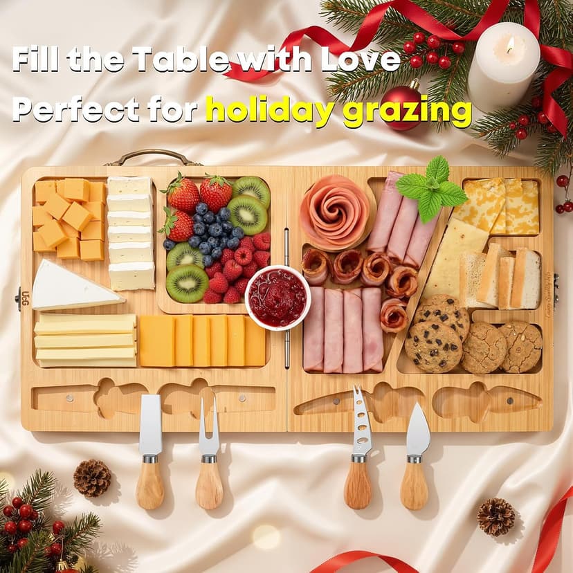 Charcuterie Board Gifts for Women: Bamboo Folding Cheese Board with Knife Set - Unique White Elephant Gift, Birthday Party House Warming Gift for Housewife