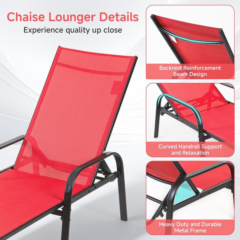 NEWBULIG Outdoor Lounge Chair for Pool, Chaise Lounge Chairs with 5-Position Recliner,350 lbs Heavy Duty Patio Pool Chair, Outdoor Sun Chairs with Metal Frame for Backyard, Classic Red