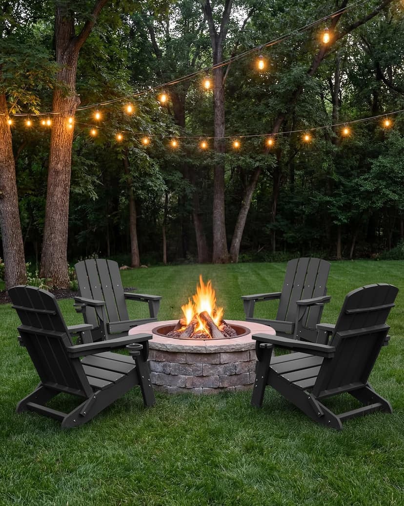 Folding Adirondack Chair, HDPE All-Weather Fire Pit Chairs, Plastic Adirondack Chairs with 2 Cup Holder, Outdoor Lawn Chair for Patio Garden (Black)