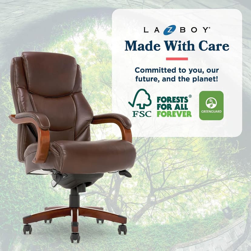 La-Z-Boy Delano Big and Tall Executive Office Chair - Ergonomic Lumbar Support Memory Foam - Bonded Leather Desk Chair for Home Office - Mahogany Wood Arms - Chestnut Brown