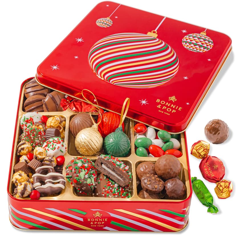 Christmas Chocolate Gift Basket– Holiday Ornament Gift Box with Assorted Christmas Candy – Holiday Food Gift Idea for Men, Women, Family, Corporate- Bonnie & Pop