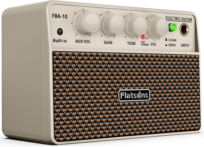 Flatsons FBA-10 Guitar Amp, 10W Mini Electric Guitar Amplifier with Clean/Drive Channel, 6H Work, USB-C Rechargeable, 3.5mm Headphone/AUX, Wireless Portable Amp for Indoor Practice, Travel (White)