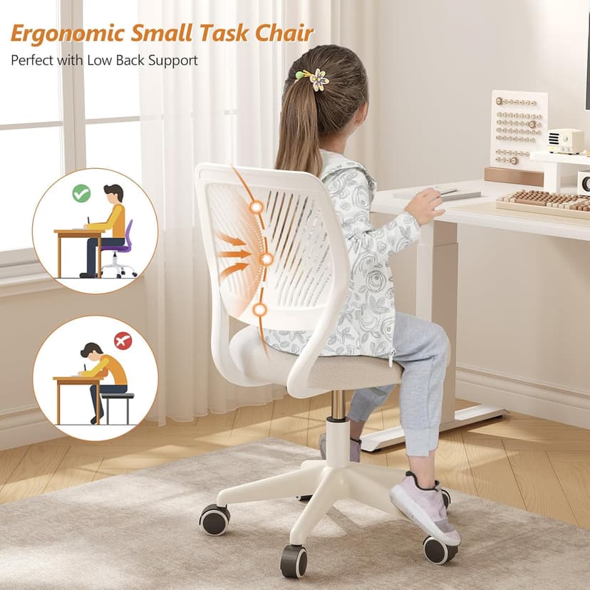 JPBSTO Armless Desk Chair, Height Adjustable Swivel Office Rolling Task Chairs with Soft Mesh Padded Cushion, Ergonomic Small Study Computer Chair for Girls Boys Teens (White, 1PC)