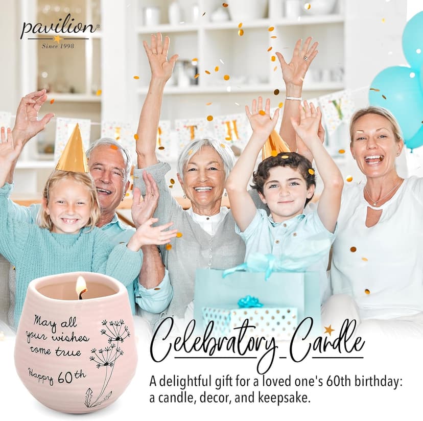 Pavilion - 8 Oz Candle Holder - Pink Ceramic Candle Jar with 100% Soy Wax Candle Serenity Scent "May all your wishes come true Happy 60th" Ideal Gift for Loved Ones - Printed Text, Love Theme & Oval