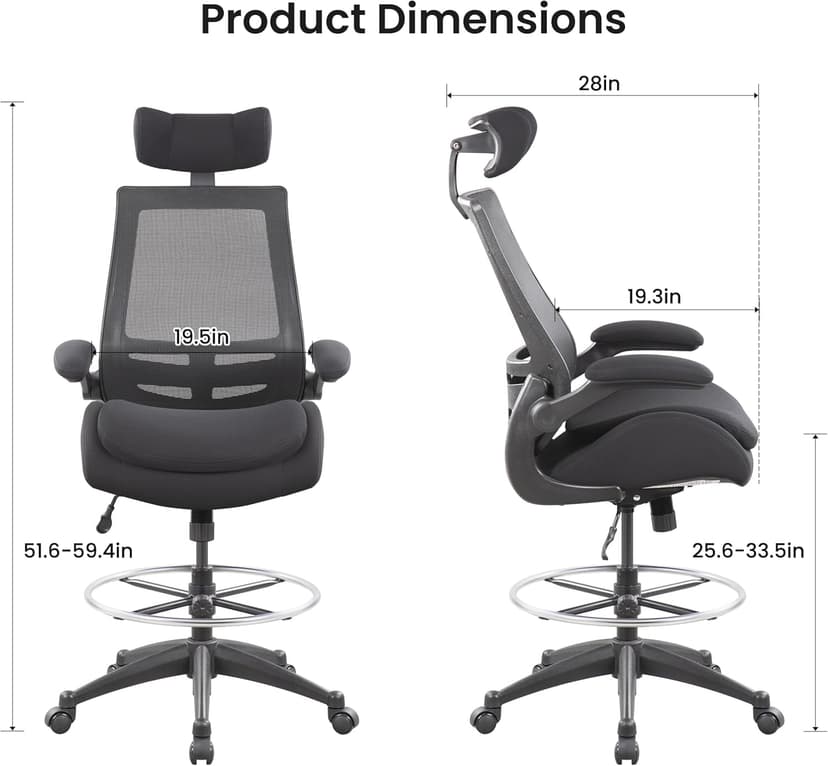 BOLISS Big and Tall Drafting Chair 400lbs - High Back Ergonomic Office Chair for Standing Desk with Double Thick Seat Cushion, Adjustable Foot Ring, Lumbar Support & Flip Up Armrests (Black)