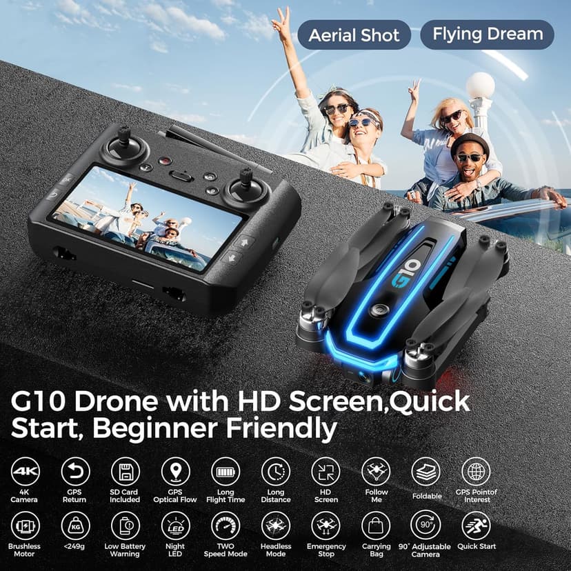 GPS Drone with 4K HD Camera for Adults,4.5 inch HD Screen on Remote Controller,FPV RC Drones with Auto Return, Follow Me and Lightweight,2 PCS Batteries for Long Flight Time,Easy Fly Quadcopter for Beginners,Under 250g