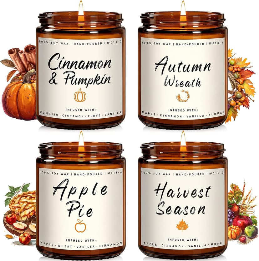 Auelife Fall Candle Set | 4 Pack Scented Candles for Home - Candle Gifts for Women Men, Soy Candles Home Scented | Autumn Fragrance of - Apple Pie/Cinnamon/Harvest/Wreath B0CC98RMFT