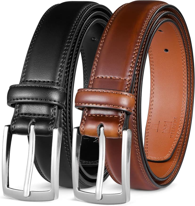 MILORDE Men's Leather Dress Belt 2Pack, Handmade, Genuine Leather, Fashion & Classic Designs for Work Business and Casual