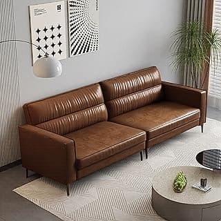 Mid-Century 3-Seater Faux Leather Sofa with Removable Backrest and Cushions, Vintage Modern Lounge Couch for Office, Apartment, Living Room, Bedroom, with Sturdy Metal Legs - 86.61 Inches, Brown